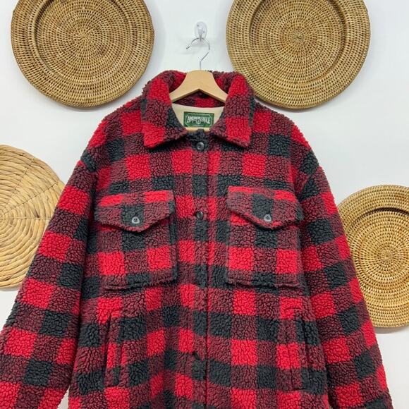 AEO American Eagle Red Plaid Button Teddy Sherpa Fleece Lumberjack Jacket Large - Picture 3 of 6